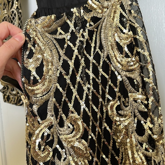 ✨Sequined Open-Back Mock Neck Mini Dress - Black & Gold - Size S Party Dress - Picture 8 of 12